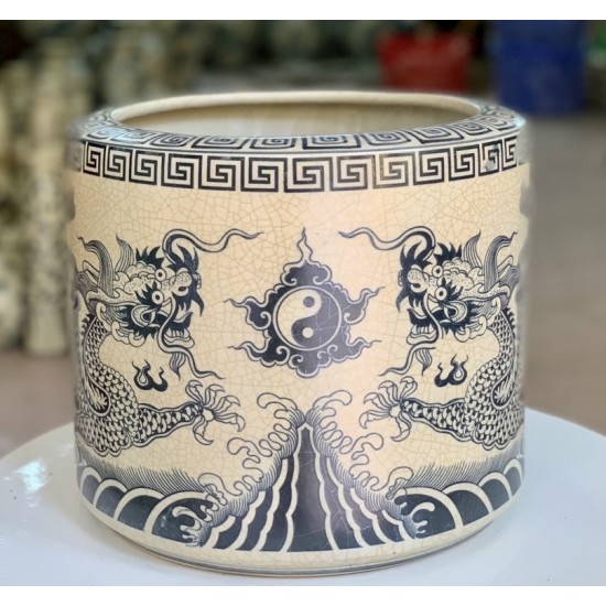 Bát hương men rạn giả cổ Bát Tràng vẽ rồng trầu mặt nguyệt nhiều kích thước BH02