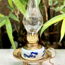 Đèn dầu đĩa đồng bầu sứ men lam DD04A