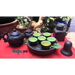 Bộ ấm chén tử sa Bát Tràng họa tiết nổi AC16