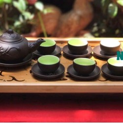 Bộ ấm chén tử sa cao cấp Bát Tràng đắp nổi hoa sen AC56