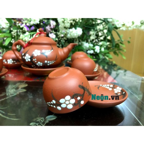 Ấm chén tử sa Bát Tràng họa tiết đào AC58