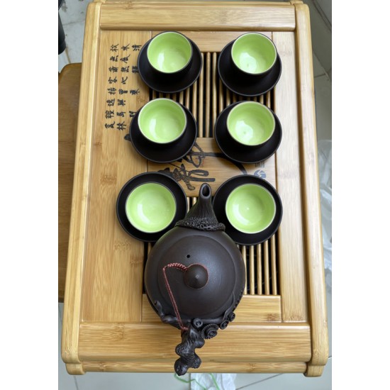 Bộ ấm chén đất nung Bát Tràng đắp nổi hoa lan AC01A