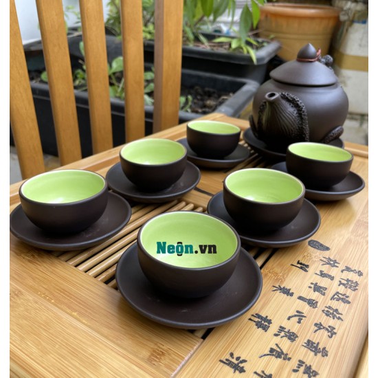 Bộ ấm chén đất nung Bát Tràng đắp nổi hoa lan AC01A