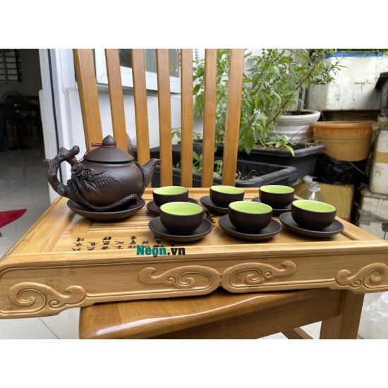 Bộ ấm chén đất nung Bát Tràng đắp nổi hoa lan AC01A