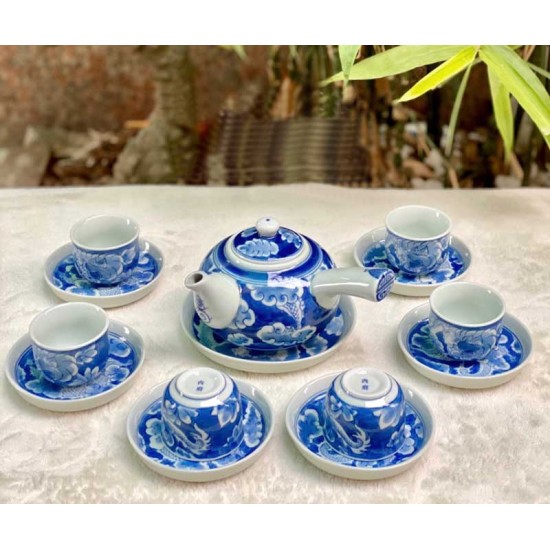 Ấm trà tay ngang men lam Long Ẩn Bát Tràng AC06A