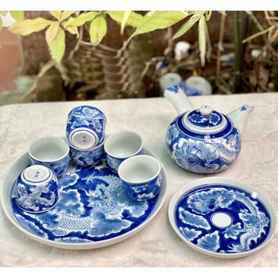 Ấm trà tay ngang men lam Long Ẩn Bát Tràng AC06A