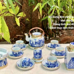 Ấm chén Bát Tràng bọc đồng vàng men lam nắp lõm AC11 Ấm chén Bát Tràng bọc đồng vàng men lam nắp lõm AC11