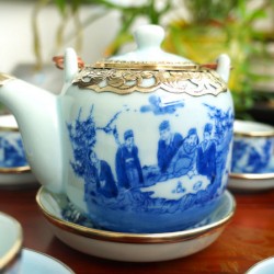 Bộ ấm chén bọc đồng Bát Tràng Trúc Lâm Thất Hiền men lam AC33A Bộ ấm chén bọc đồng Bát Tràng Trúc Lâm Thất Hiền men lam AC33A