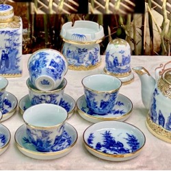 Ấm chén Bát Tràng men lam giả cổ bọc đồng vẽ trúc lâm thất hiền AC48