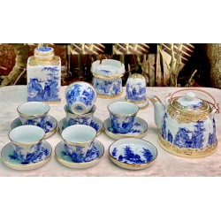 Ấm chén Bát Tràng men lam giả cổ bọc đồng vẽ trúc lâm thất hiền AC48 Ấm chén Bát Tràng men lam giả cổ bọc đồng vẽ trúc lâm thất hiền AC48