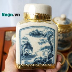 Ấm chén Bát Tràng men rạn giả cổ bọc đồng đủ phụ kiện AC49k Ấm chén Bát Tràng men rạn giả cổ bọc đồng đủ phụ kiện AC49k