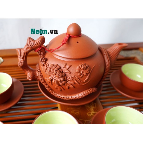Bộ ấm trà tử sa Bát Tràng họa tiết hoa phù dung nổi AC46B