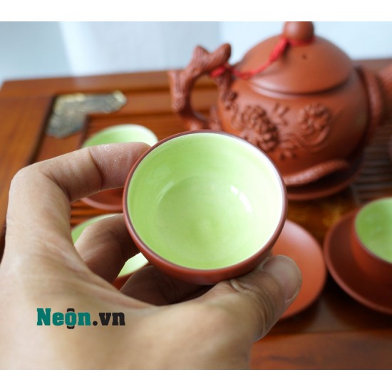 Bộ ấm trà tử sa Bát Tràng họa tiết hoa phù dung nổi AC46B