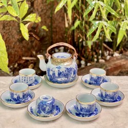 Ấm chén Bát Tràng bọc đồng vàng men lam nắp lõm AC11 Ấm chén Bát Tràng bọc đồng vàng men lam nắp lõm AC11