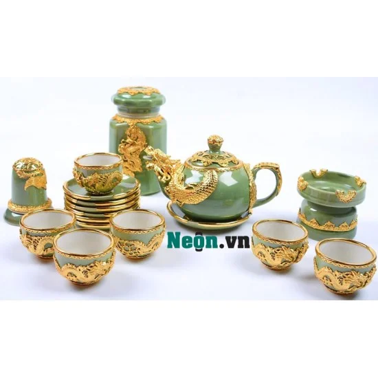 BỘ ẤM CHÉN MINH LONG CAO CẤP VIỀN CHỈ VÀNG NỔI BẬT