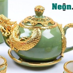 Bộ ấm chén uống trà cao cấp Bát Tràng mạ vàng 24k xanh ngọc AC55A Bộ ấm chén uống trà cao cấp Bát Tràng mạ vàng 24k xanh ngọc AC55A