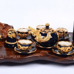 Quà tặng tân gia - Bộ ấm chén mạ vàng 24k cao cấp hình rồng xanh cô ban AC55