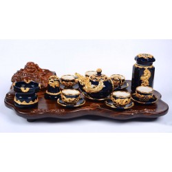 Quà tặng tân gia - Bộ ấm chén mạ vàng 24k cao cấp hình rồng xanh cô ban AC55