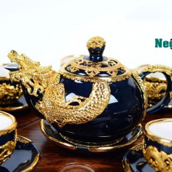 Quà tặng tân gia - Bộ ấm chén mạ vàng 24k cao cấp hình rồng xanh cô ban AC55