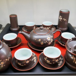 Ấm chén Bát Tràng giá rẻ họa tiết hoa đào men nâu Bát Tràng AC47