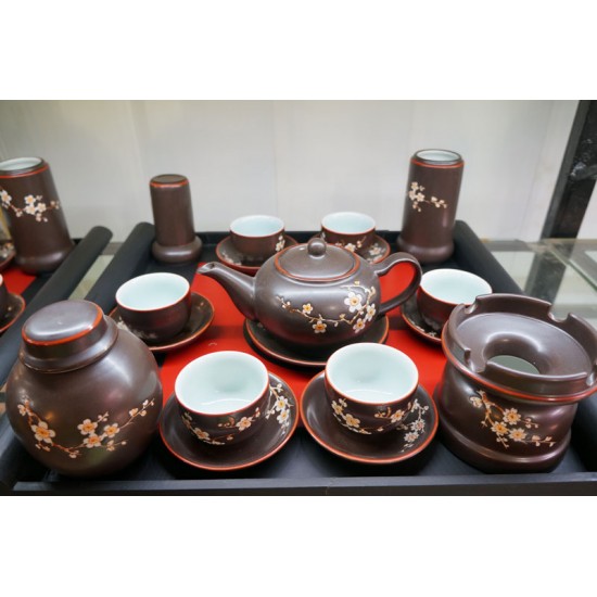 Ấm chén Bát Tràng giá rẻ họa tiết hoa đào men nâu Bát Tràng AC47 Ấm chén Bát Tràng giá rẻ họa tiết hoa đào men nâu Bát Tràng AC47