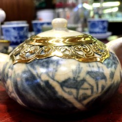 Bộ ấm trà Bát Tràng mini men rạn giả cổ bọc đồng AC02-mini Bộ ấm trà Bát Tràng mini men rạn giả cổ bọc đồng AC02-mini