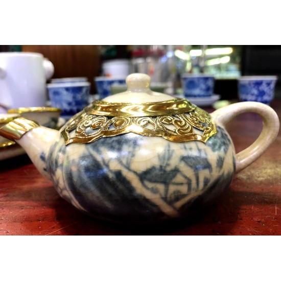 Bộ ấm trà Bát Tràng mini men rạn giả cổ bọc đồng AC02-mini