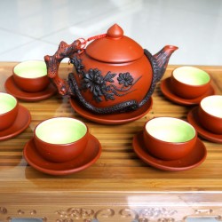Ấm chén tử sa Bát Tràng đắp nổi hoa phù dung đen AC46A