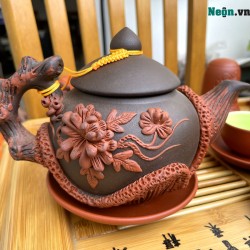 Bộ ấm chén tử sa Bát Tràng đắp nổi hoa phù dung AC46PK