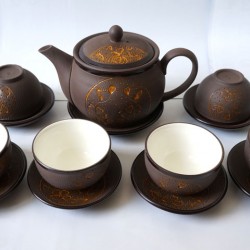 Bộ ấm trà tử sa Bát Tràng họa tiết hoa văn khắc nổi AC63