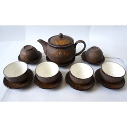 Bộ ấm trà tử sa Bát Tràng họa tiết hoa văn khắc nổi AC63