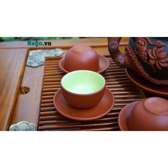 Ấm chén tử sa Bát Tràng đắp nổi hoa sen AC61