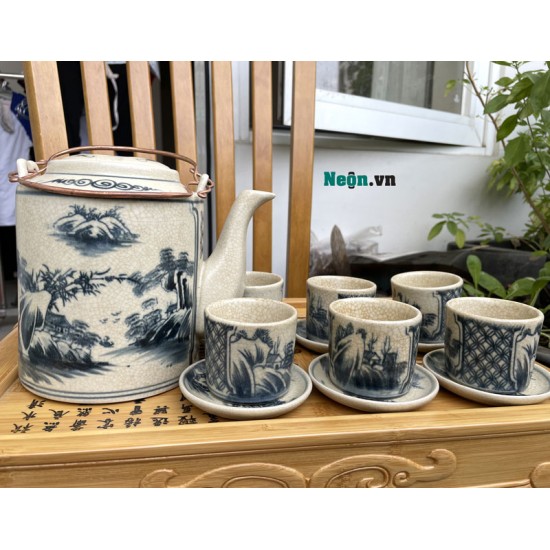 Ấm tích pha chè xanh vẽ sơn thủy men rạn AT01