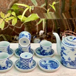 Bộ ấm tích pha chè xanh Bát Tràng Tùng Chùa men lam AT03 Bộ ấm tích pha chè xanh Bát Tràng Tùng Chùa men lam AT03