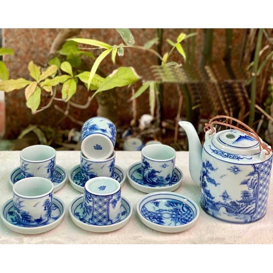 Bộ ấm tích pha chè xanh Bát Tràng Tùng Chùa men lam AT03