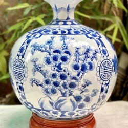 Bình hút tài lộc Tứ Cảnh vẽ tay kỹ men lam Bát Tràng cao 26cm BL10A