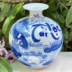 Bình hút lộc men lam họa tiết cá chép sen phú quý Tài Lộc BL17 Bình hút lộc men lam họa tiết cá chép sen phú quý Tài Lộc BL17