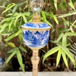 Đèn Dầu Thờ Men Lam Bọc Đồng Đại Xòe DD31