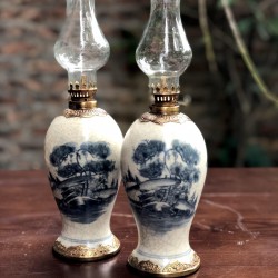 Đèn dầu thờ cúng giả cổ Bát Tràng dáng đui dế bọc đồng DD17