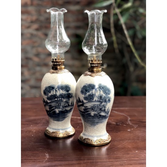 Đèn dầu thờ cúng giả cổ Bát Tràng dáng đui dế bọc đồng DD17