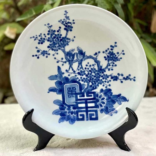 Đĩa trang trí phong thủy men lam Hỷ Thước Mai Cài Thọ D14 