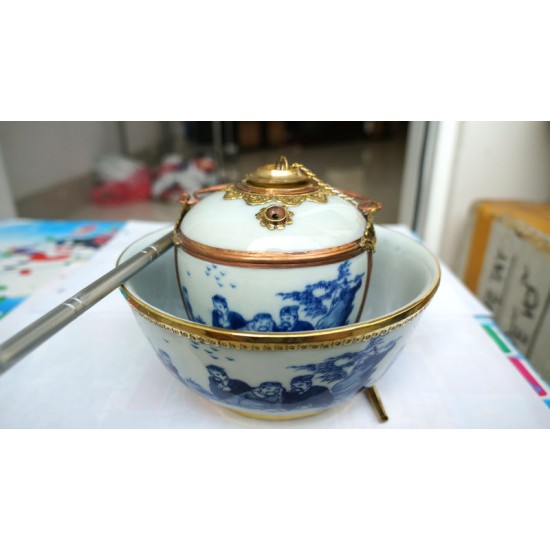 Điếu bát tô men chàm cỏ vẽ bảy ông bọc đồng DB19 Điếu bát tô men chàm cỏ vẽ bảy ông bọc đồng DB19