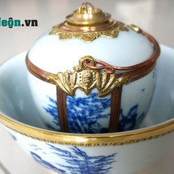 Điếu bát tô men chàm cỏ vẽ bảy ông bọc đồng DB19 Điếu bát tô men chàm cỏ vẽ bảy ông bọc đồng DB19