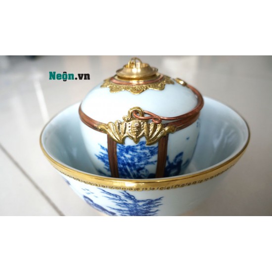 Điếu bát tô men chàm cỏ vẽ bảy ông bọc đồng DB19 Điếu bát tô men chàm cỏ vẽ bảy ông bọc đồng DB19