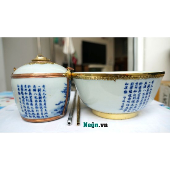 Điếu bát tô men chàm cỏ vẽ bảy ông bọc đồng DB19 Điếu bát tô men chàm cỏ vẽ bảy ông bọc đồng DB19