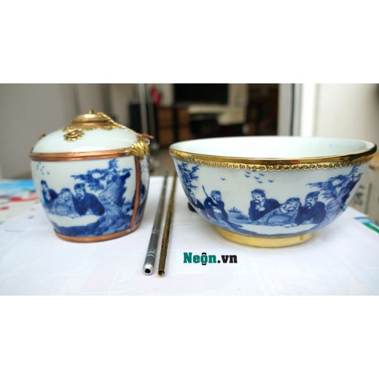 Điếu bát tô men chàm cỏ vẽ bảy ông bọc đồng DB19 Điếu bát tô men chàm cỏ vẽ bảy ông bọc đồng DB19