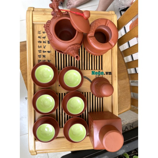 Bộ ấm trà tử sa Bát Tràng họa tiết hoa phù dung nổi AC46B