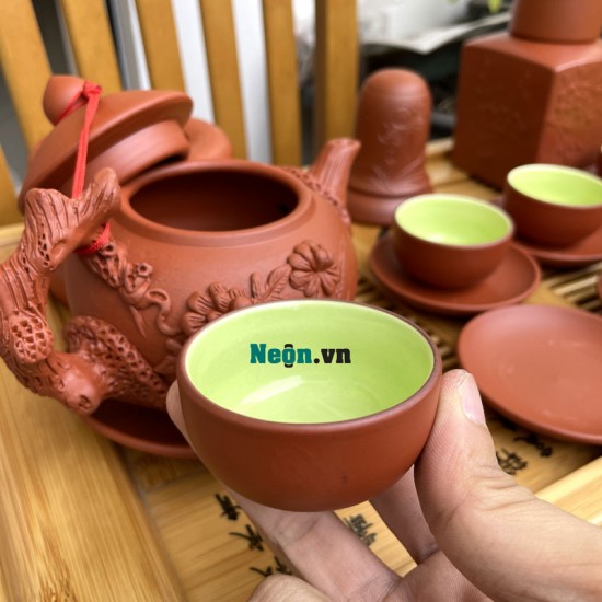 Bộ ấm trà tử sa Bát Tràng họa tiết hoa phù dung nổi AC46B