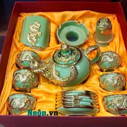 Bộ ấm chén cao cấp bọc đồng hình rồng xanh ngọc AC23A