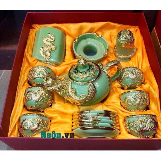 Bộ ấm chén cao cấp bọc đồng hình rồng xanh ngọc AC23A